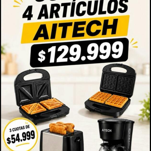 Combo 4 Articulos Aitech : Cafetera + Waflera + Tostadora + Sandwichera